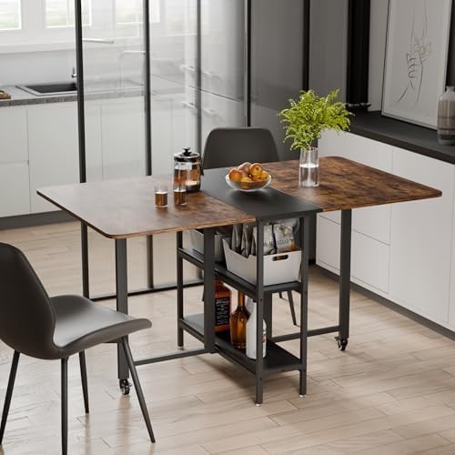 Rustic Brown Drop Leaf Folding Dining Table with Storage 140cm
