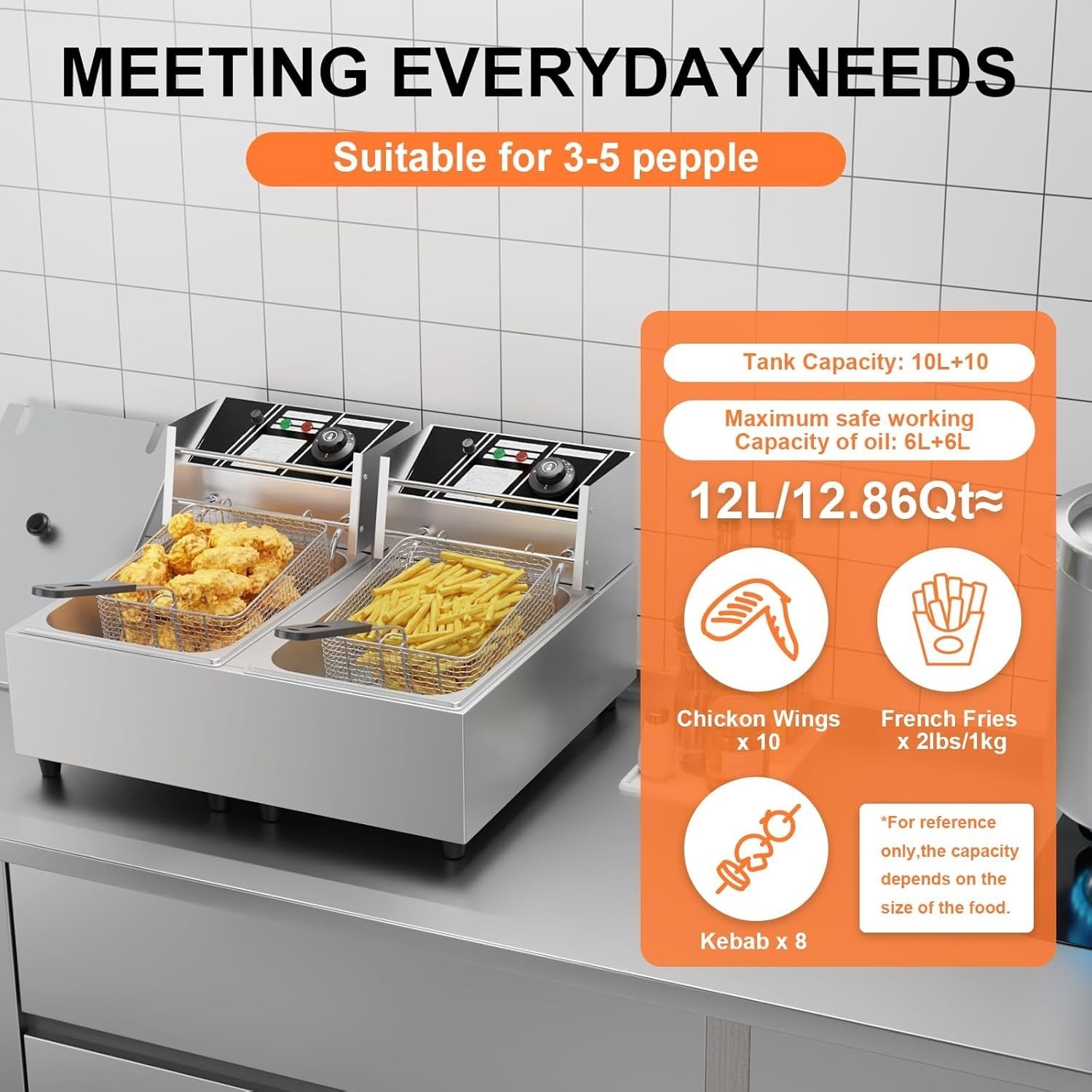 12L Double Deep Fat Fryer 5000W Commercial Stainless Steel Countertop