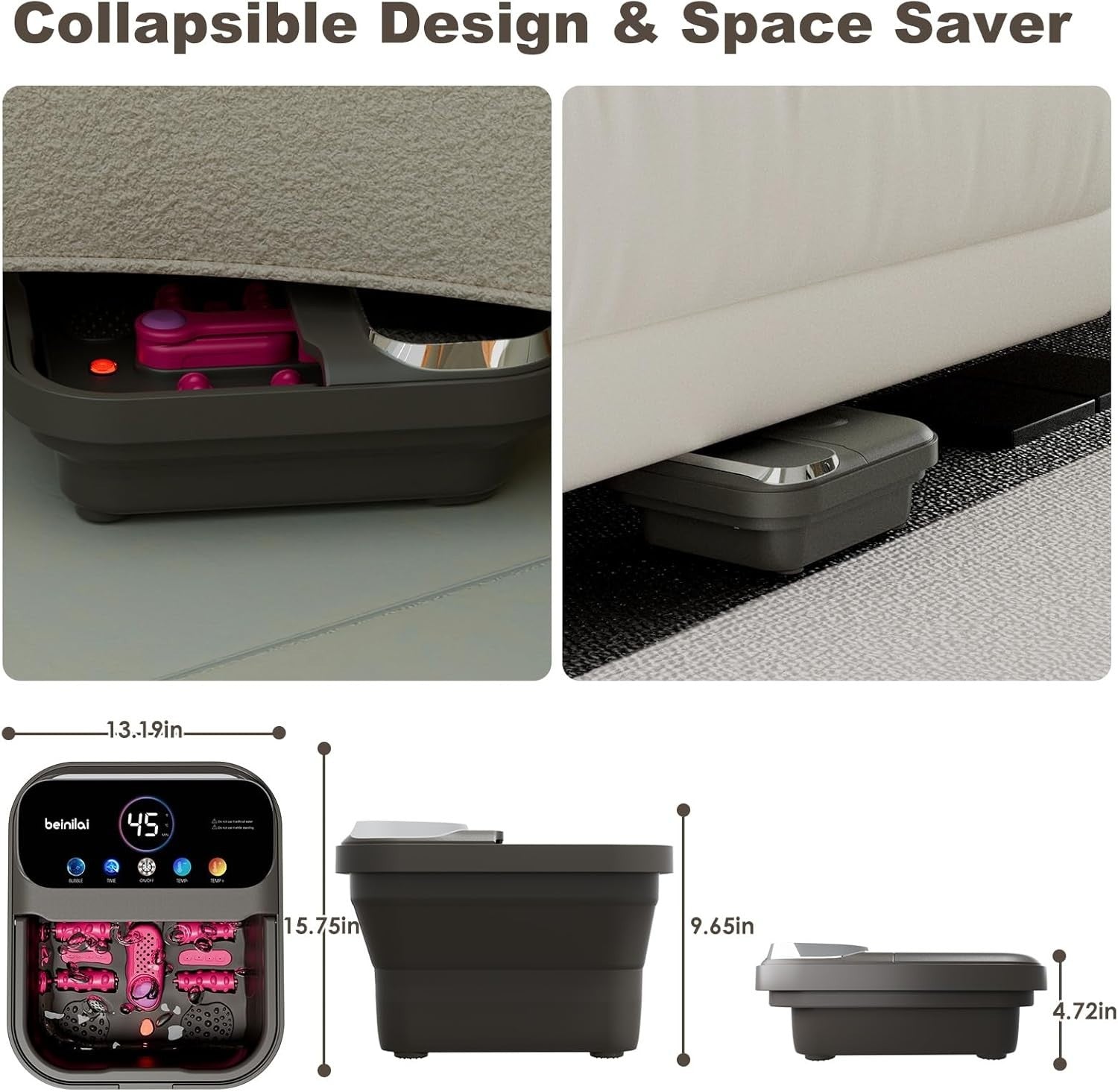 Collapsible Heated Foot Spa Bath with Digital Display Bubbles Rollers