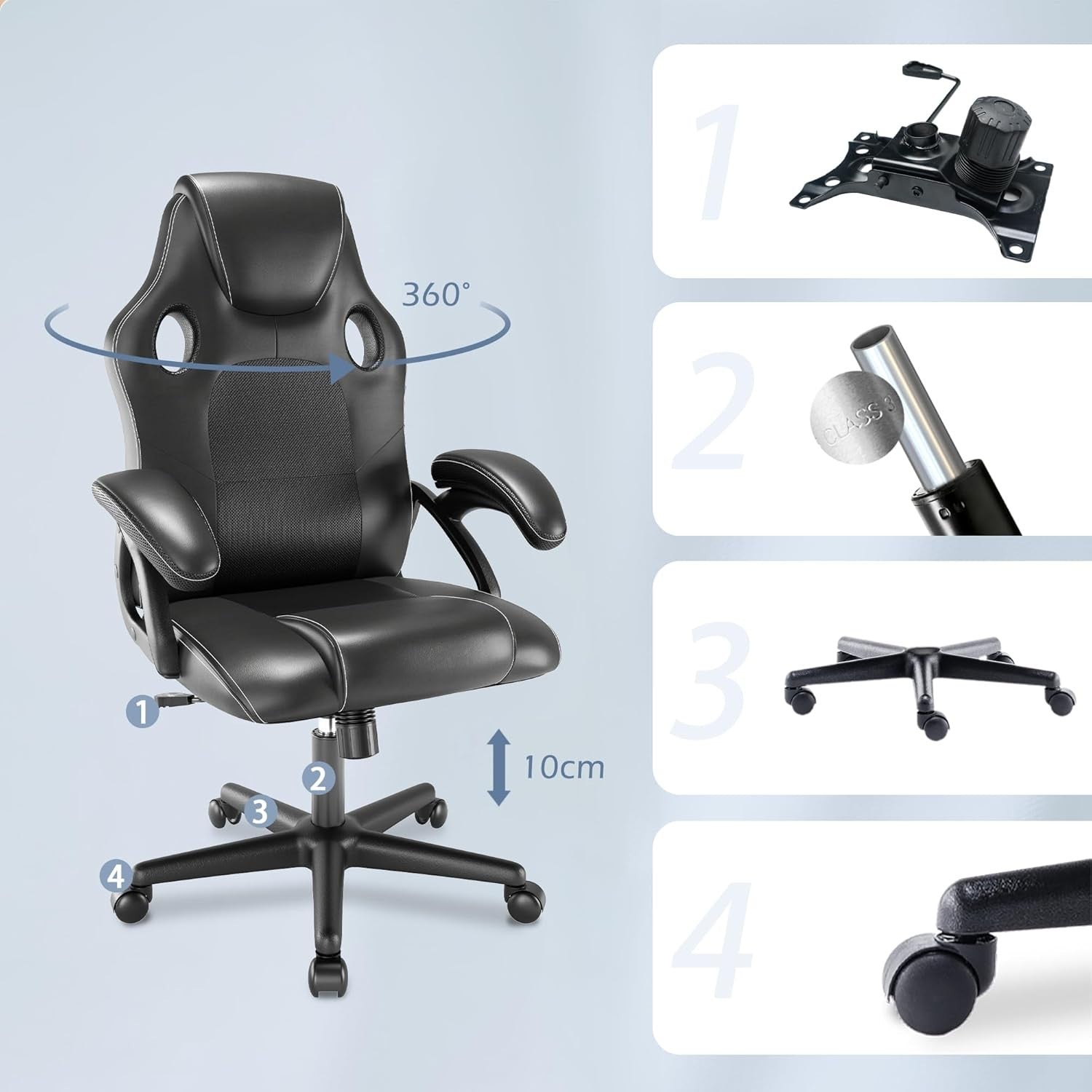Ergonomic Office Chair w/ Lumbar Support, Gas Lift, Leather Seat, 150kg Capacity