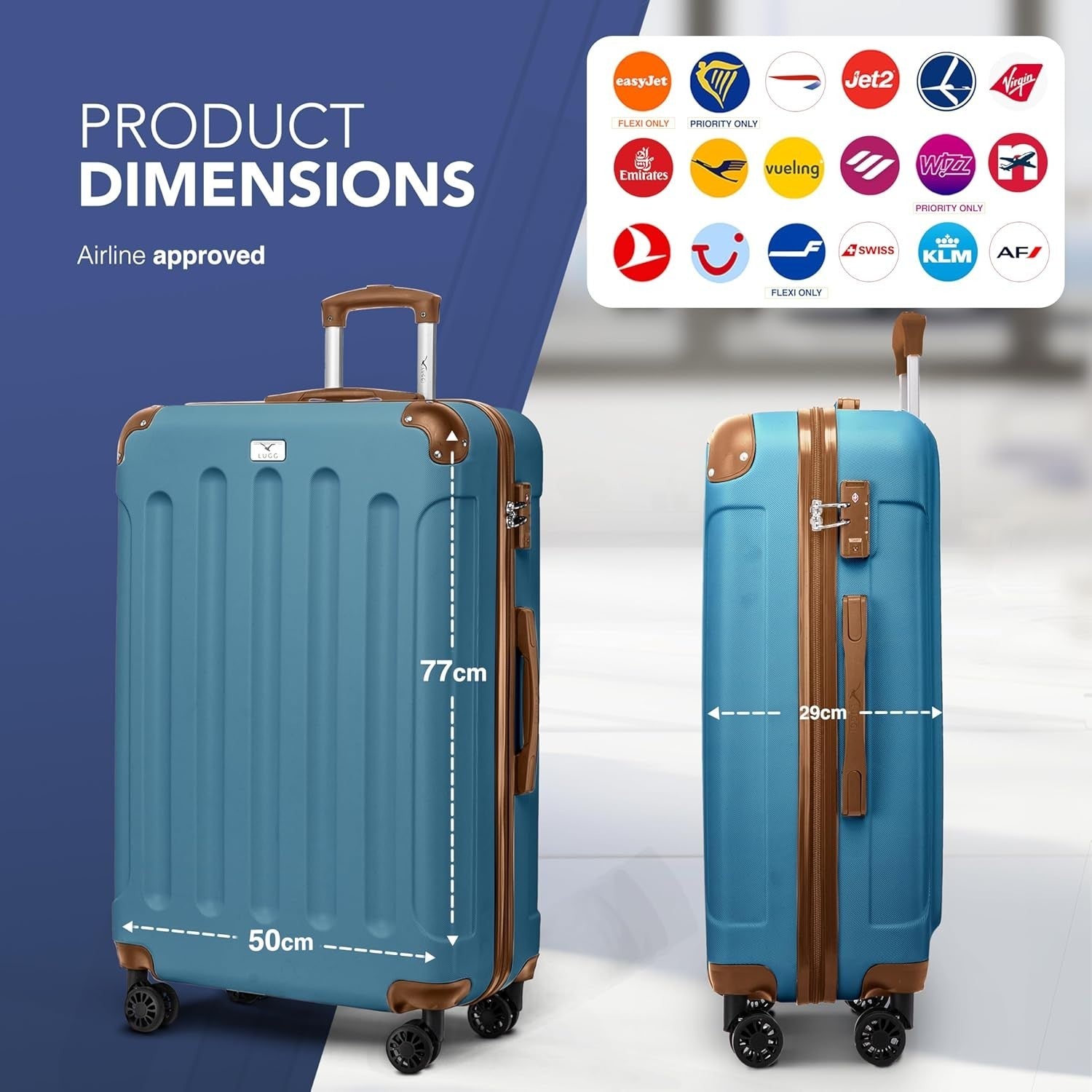 28” Large ABS Hard Shell Checked Luggage 4 Wheel TSA Lock Blue Brown