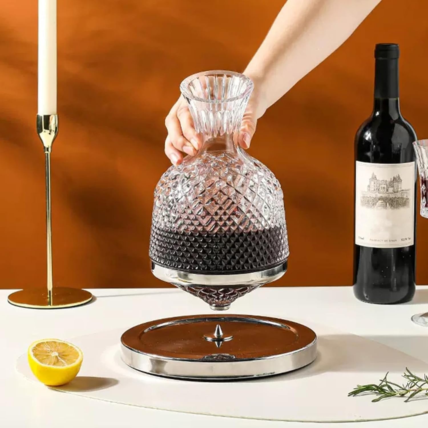 Spinning Crystal Wine Decanter 1.5L with Base Lead-Free Aerator Luxury Gift Set