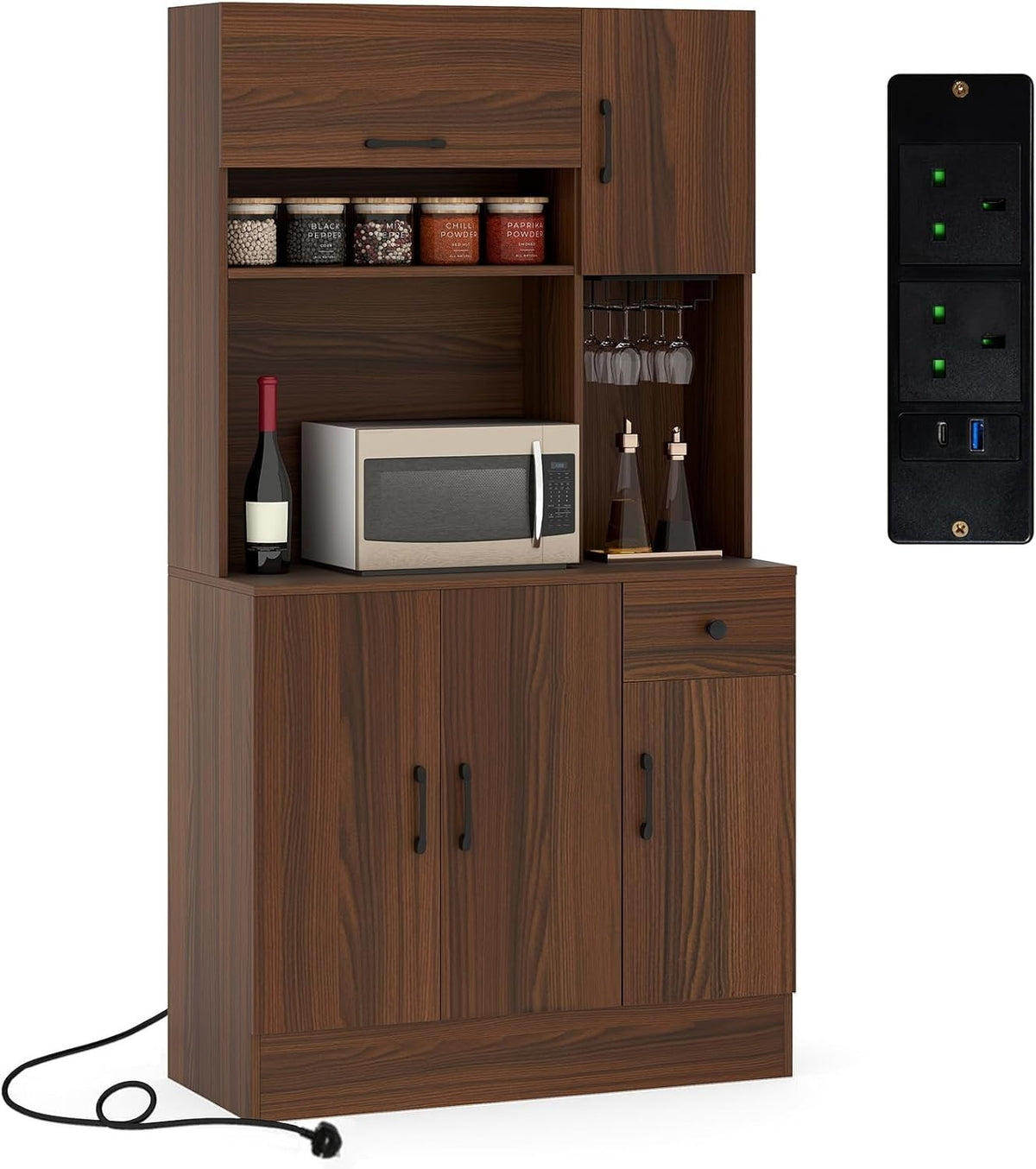 167cm Walnut Kitchen Cupboard | Adjustable Shelves & Charging Station