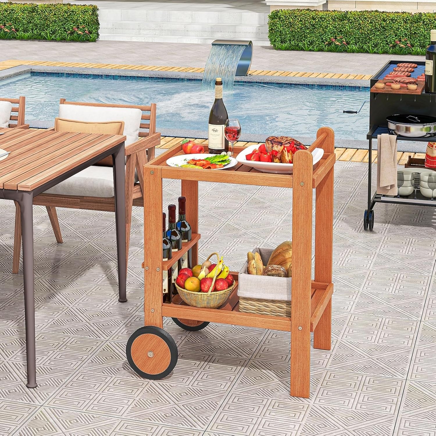 2 Tier Wooden Serving Cart on Wheels Bar Trolley Wine Rack Handle