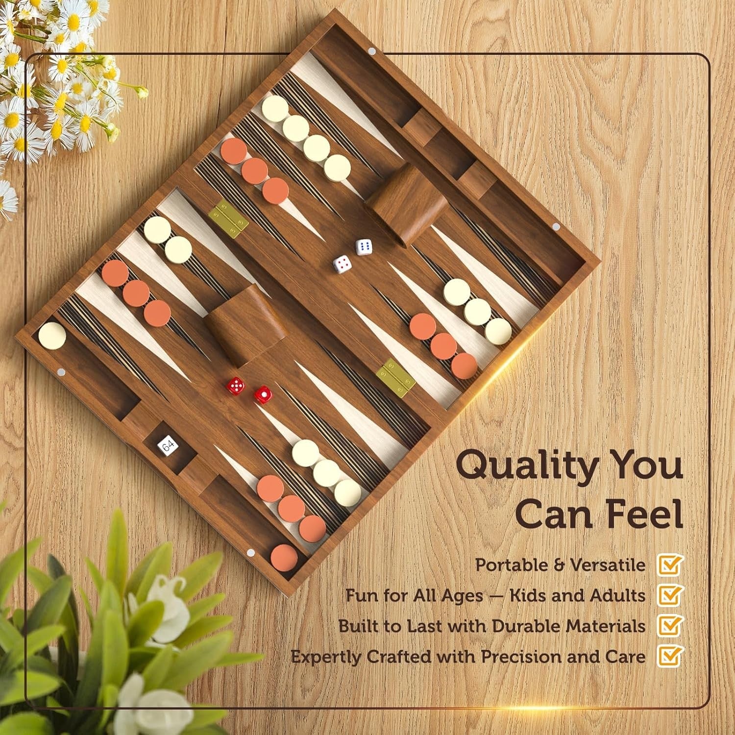 15 Inch Wooden Backgammon Set Folding Travel Board Game Dice Cups