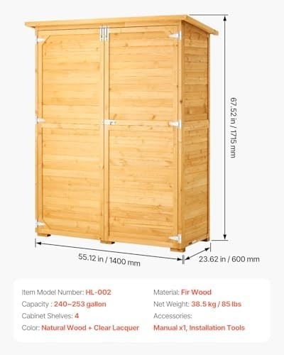 Wooden Outdoor Storage Shed 55"x67.5" Lockable Tool Cabinet Waterproof