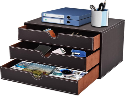 PU Leather 3-Drawer Desk Organizer for Office, Documents, Makeup & More