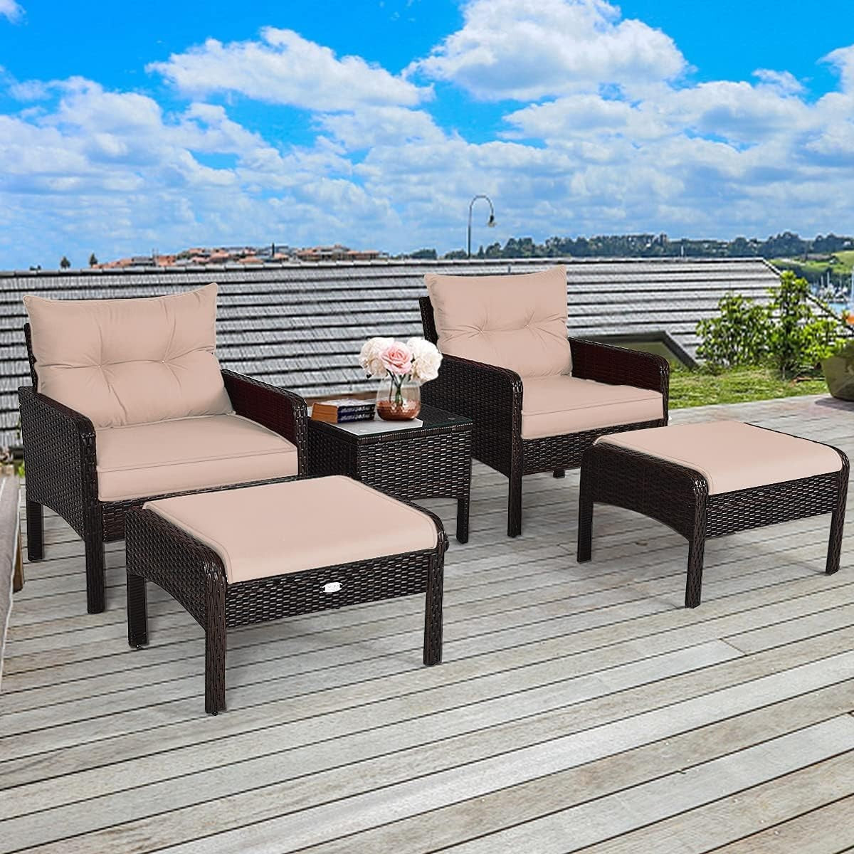 Outdoor Brown+Tan Rattan Garden Furniture Set 4-Seater Cushioned Sofa Set