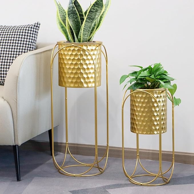 Set of 2 Gold Metal Planters with Stand Indoor Outdoor Modern Tall Plant Pots
