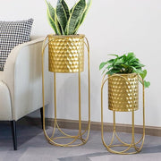 Set of 2 Gold Metal Planters with Stand Indoor Outdoor Modern Tall Plant Pots