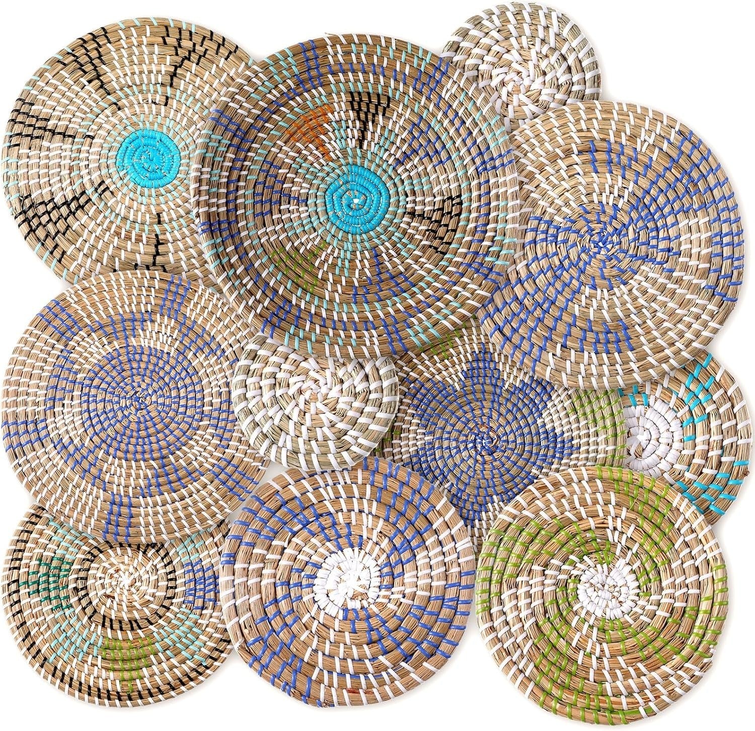 11PCS Boho Woven Wall Baskets Multi-Size Bulrush Farmhouse Decor multicolour