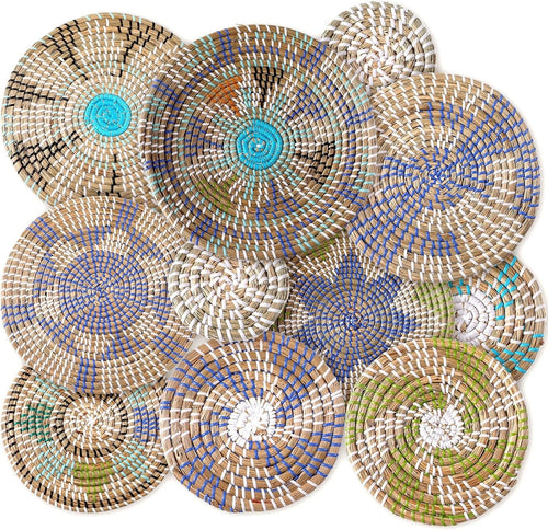 11PCS Boho Woven Wall Baskets Multi-Size Bulrush Farmhouse Decor multicolour