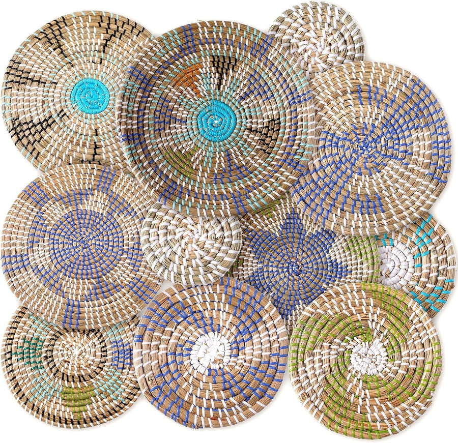 11PCS Boho Woven Wall Baskets Multi-Size Bulrush Farmhouse Decor multicolour