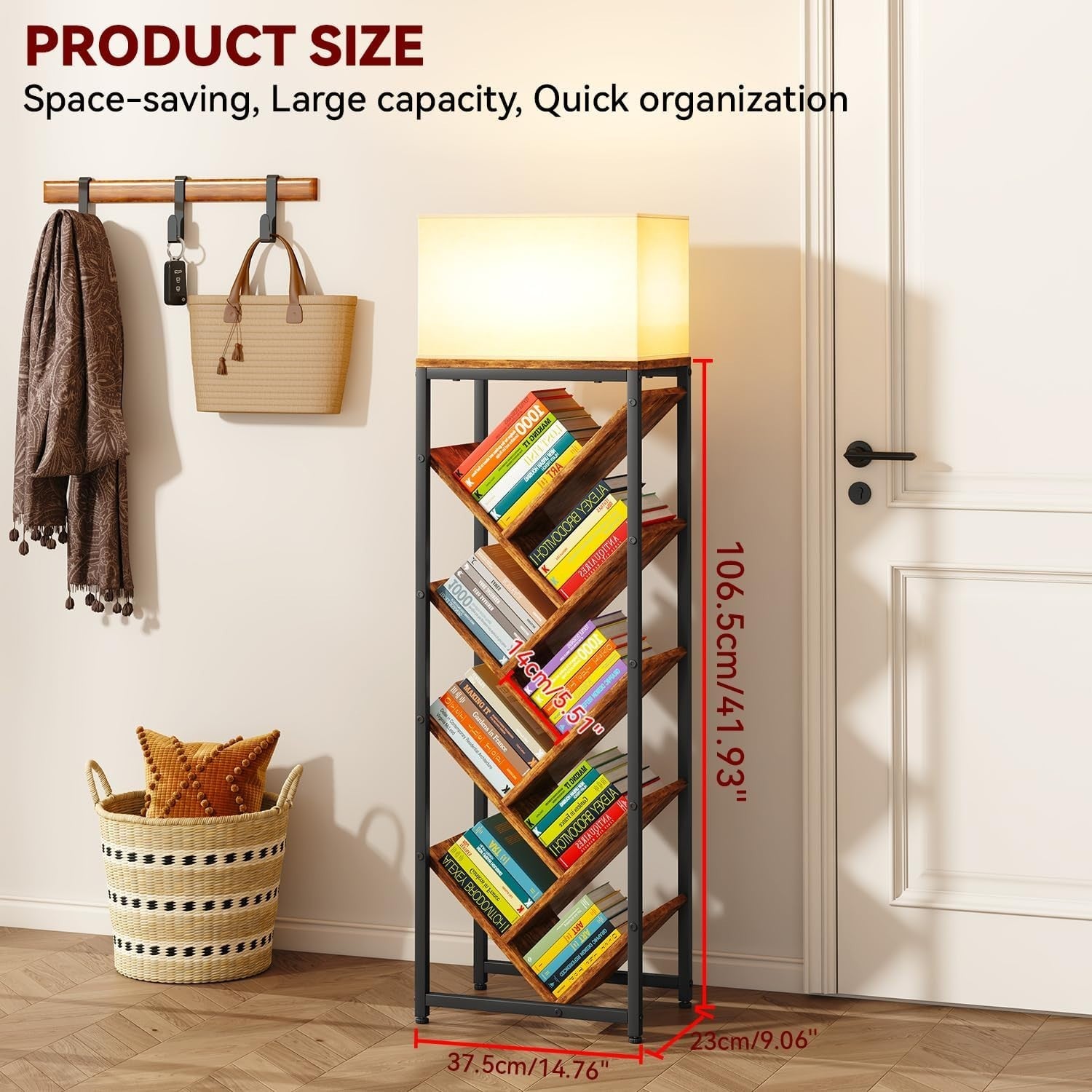 9-Tier Rustic Brown Tree Bookshelf Narrow Space Floor Standing Shelf