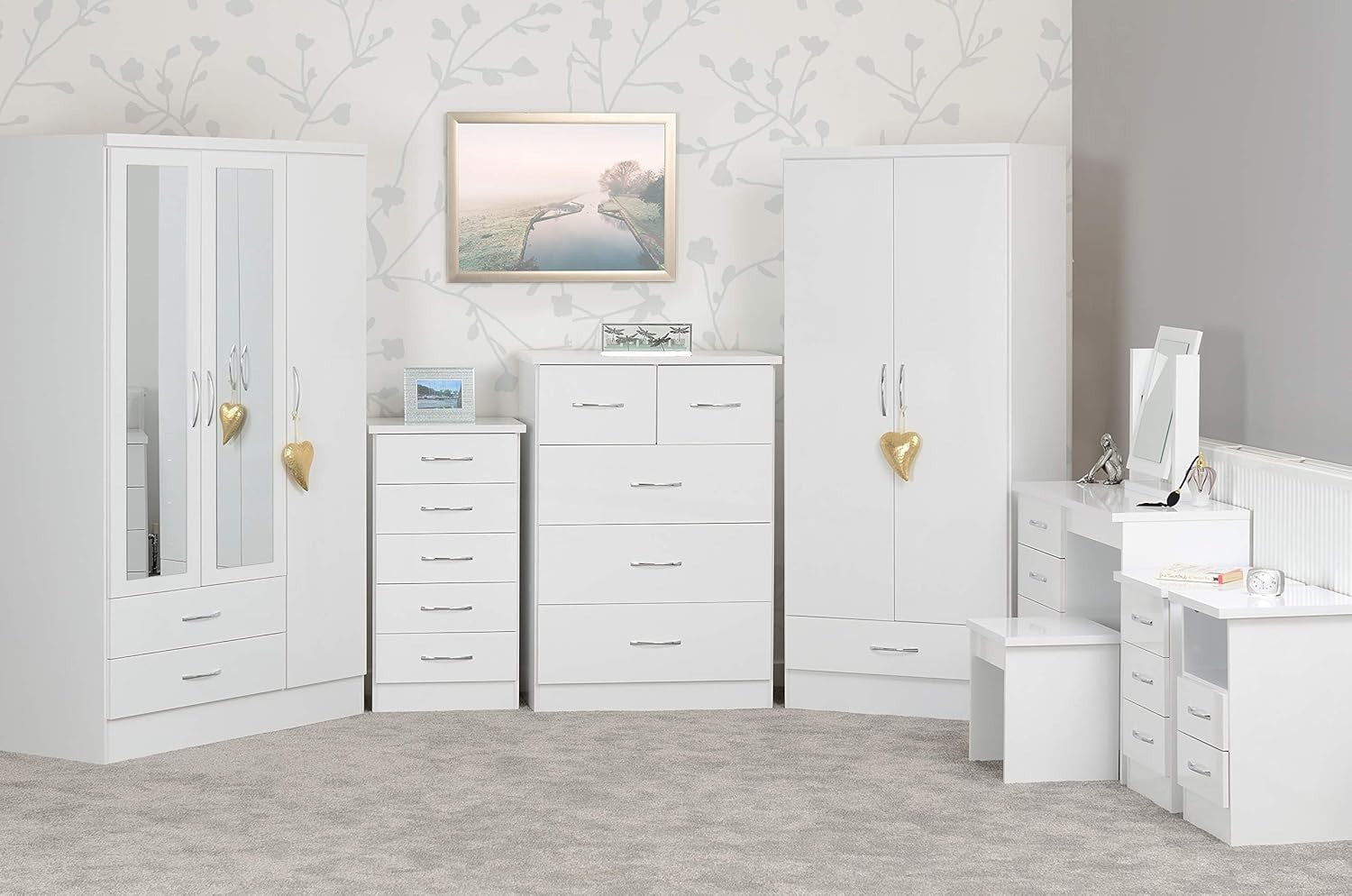 White Gloss 3+2 Chest of Drawers with Metal Handles for Bedroom Storage