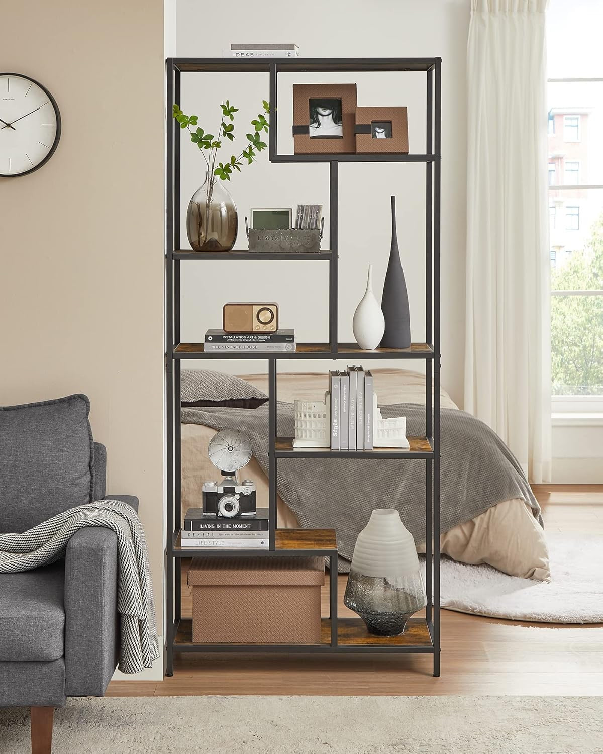 6-Tier Rustic Display Shelf | Industrial Geometric Bookshelf for Home Office