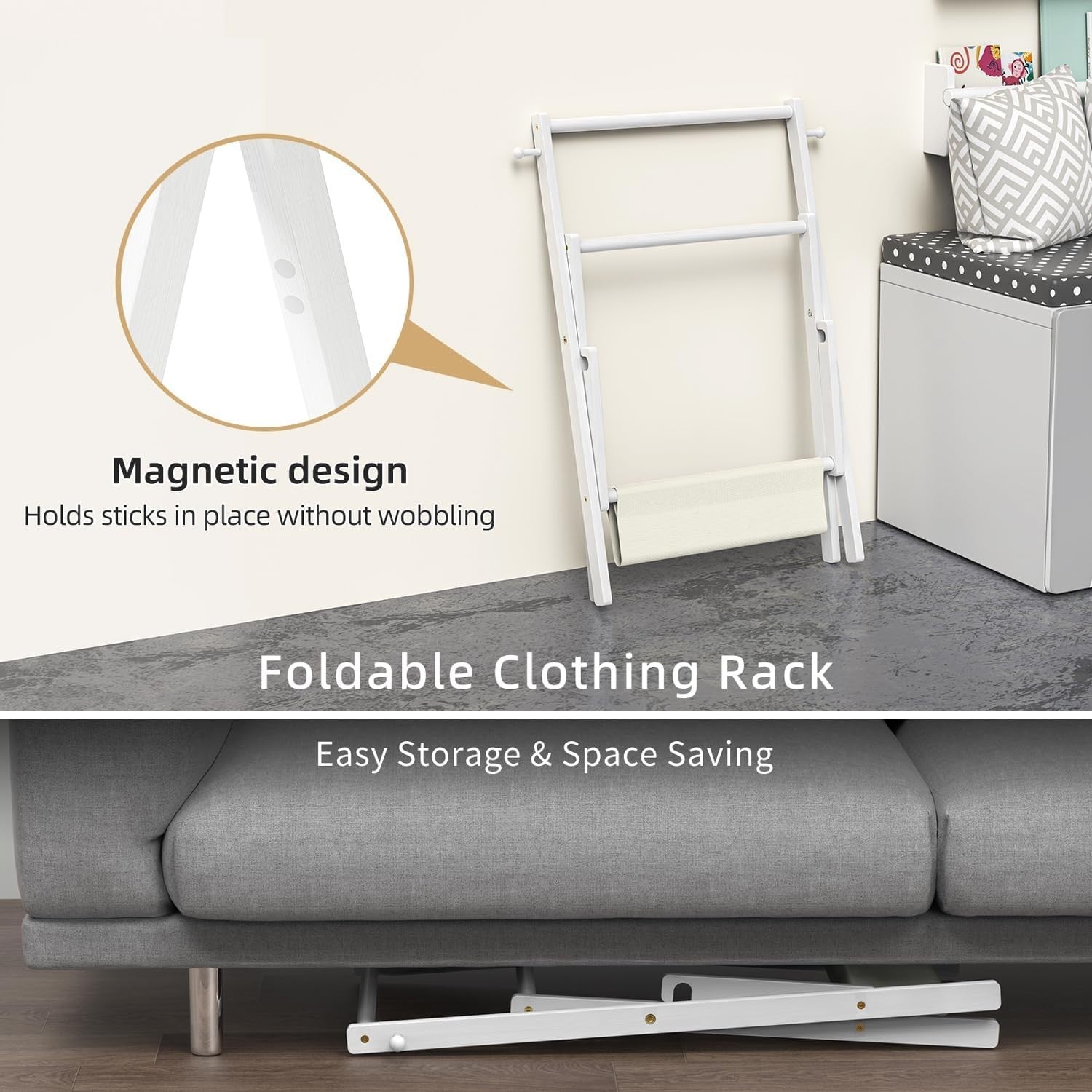 Baby Clothes Rack with Shelf, Double Rods, Bamboo White