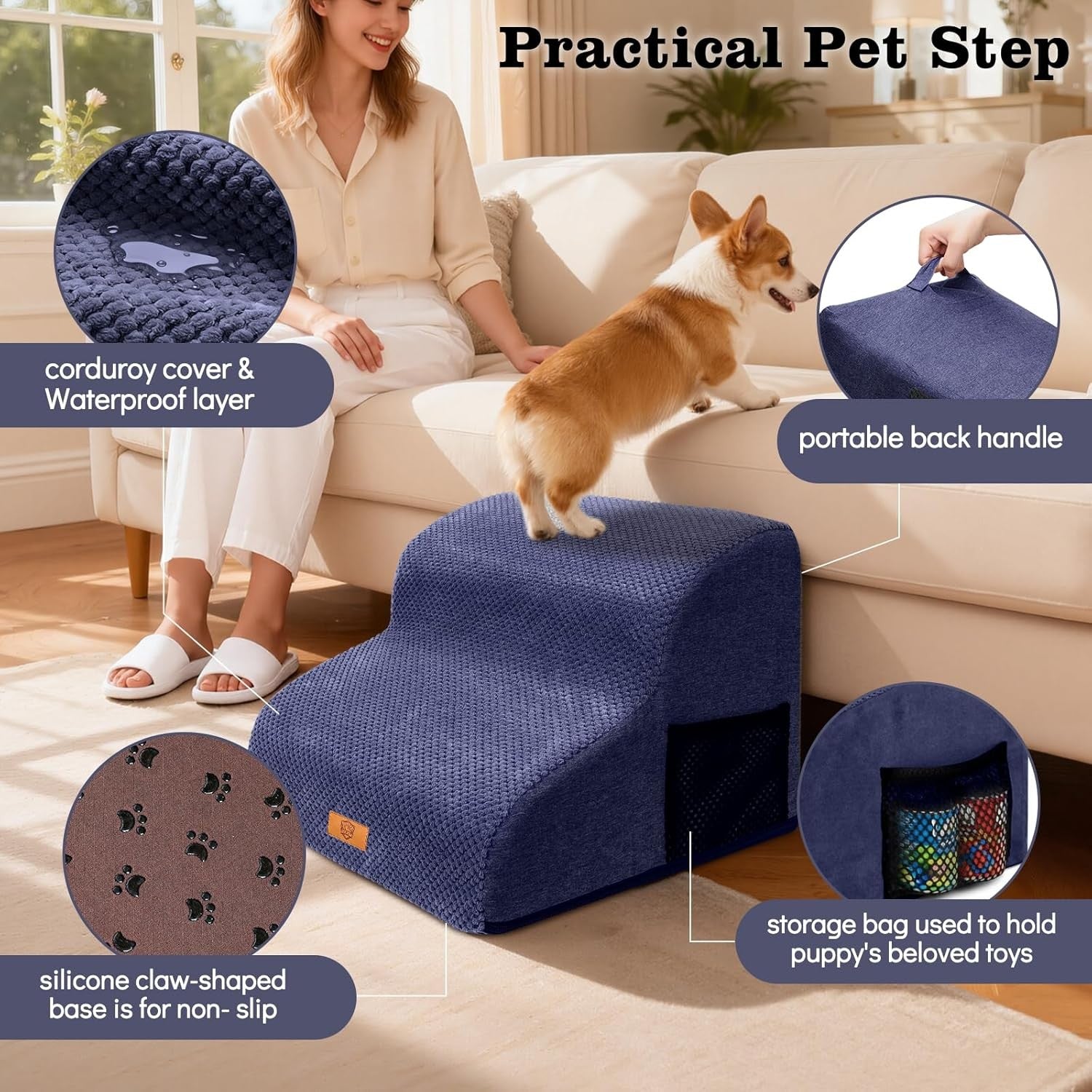 2 Step Dog Ramp for Sofa Bed Non Slip Washable Blue 40x40x30cm