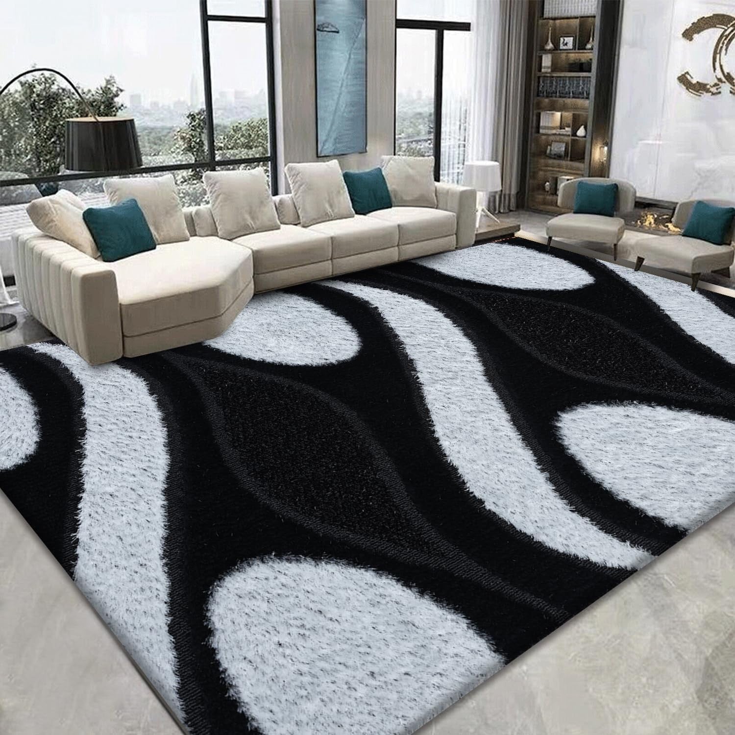 Large Black White Shaggy Area Rug 160x230cm Washable Non Slip Floor Carpet
