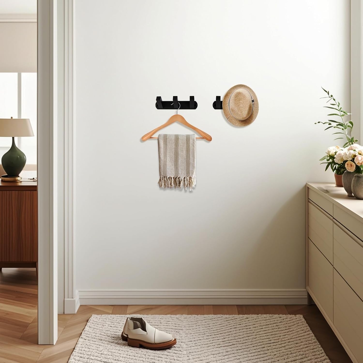 Black Metal Wall Coat Rack 3 Square Hooks Heavy Duty Modern Hanger for Bathroom
