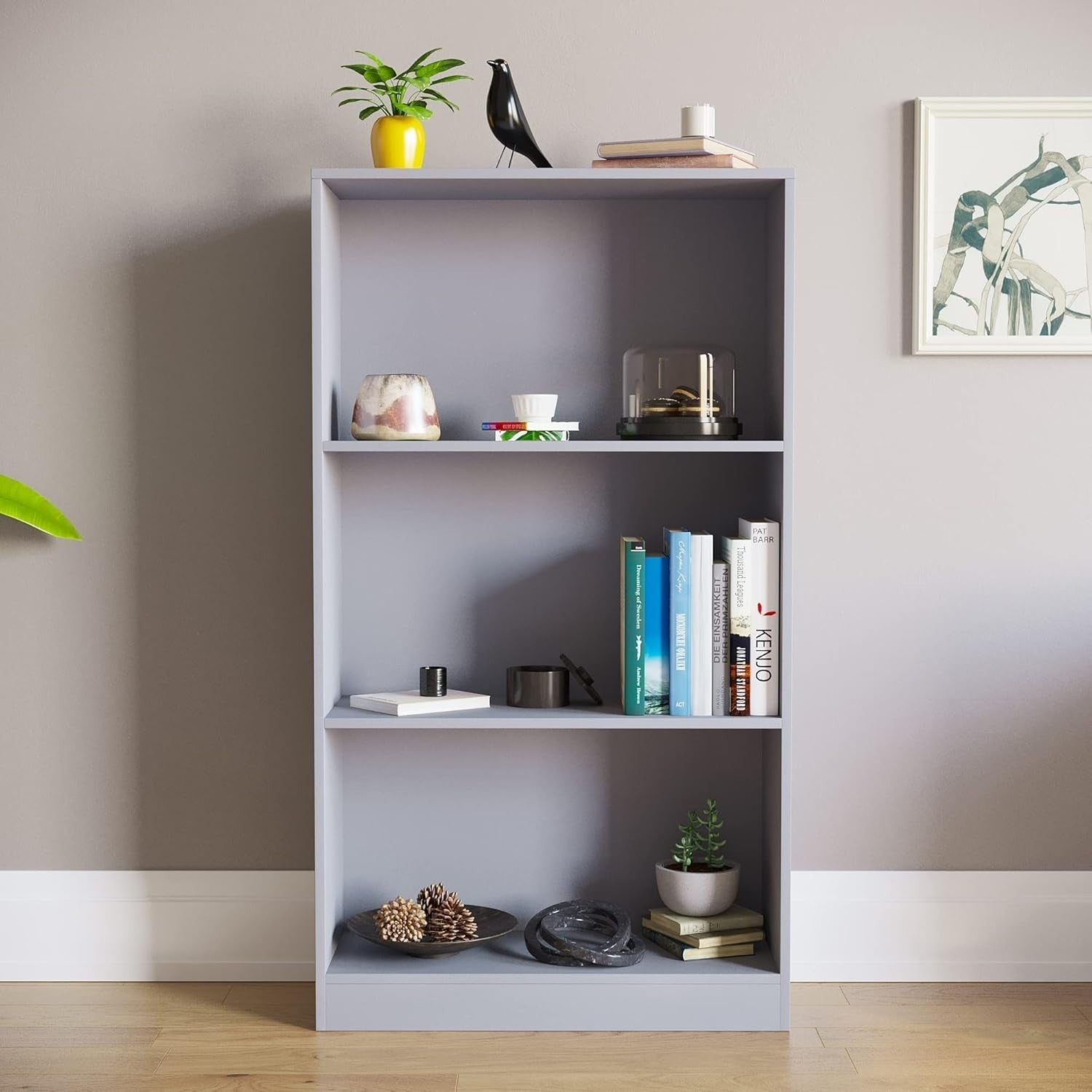 3 Tier Grey Wooden Bookcase Modern Storage Display Shelf for Living Room Medium
