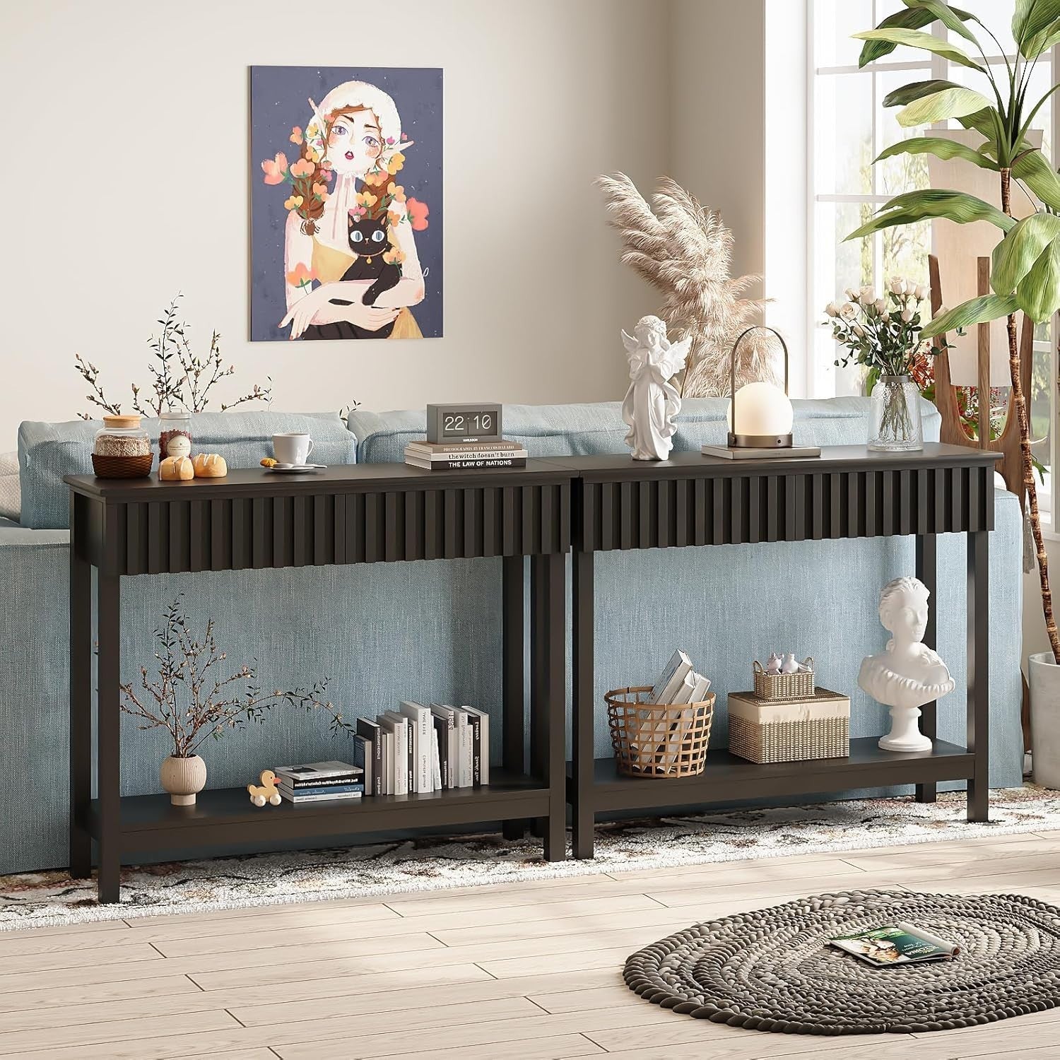 Narrow Fluted Console Table with 2 Drawers & Open Shelf, 81.5cm H