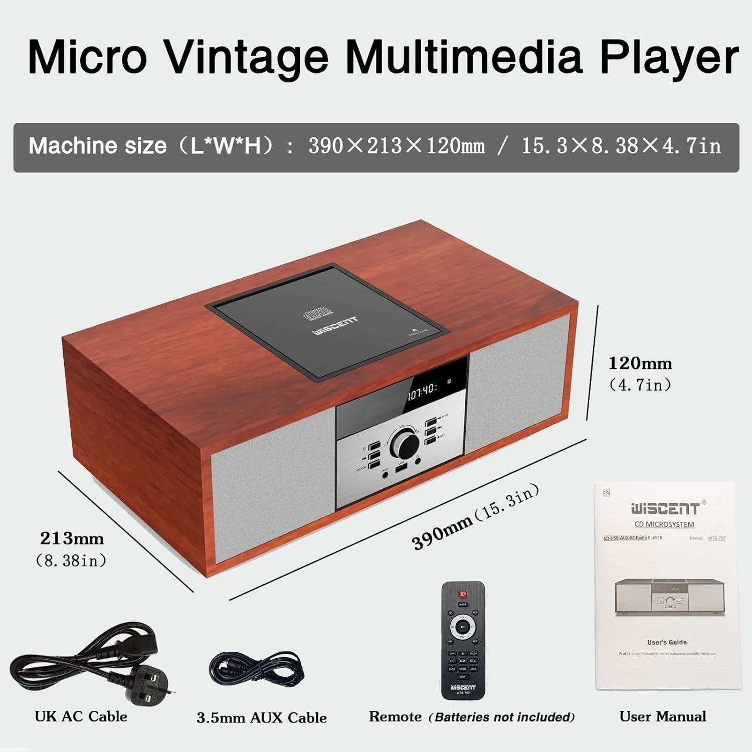 Compact Bluetooth CD Stereo System 30W Wooden HiFi USB AUX FM Radio Remote