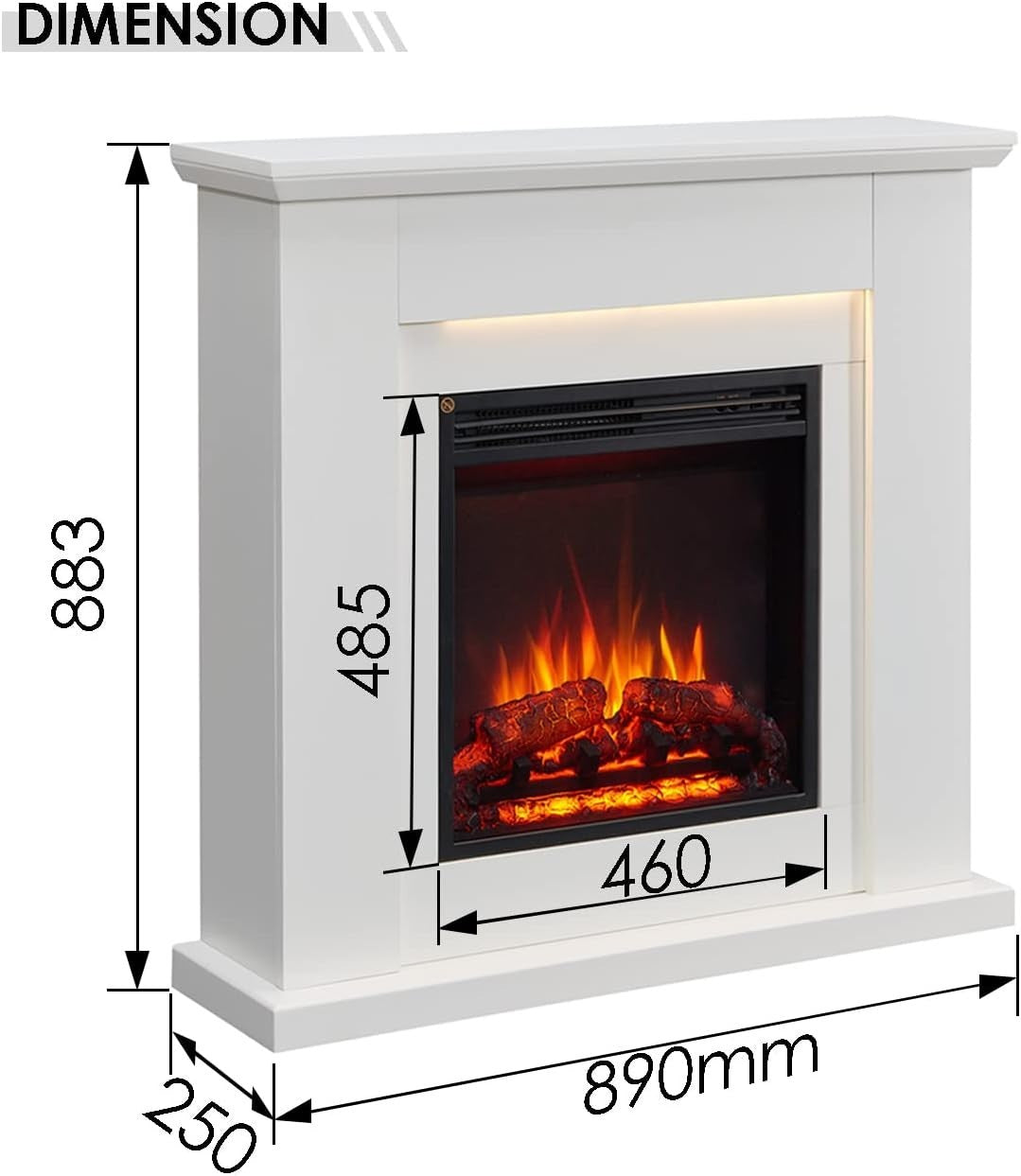 Electric Fireplace Heater 2kW White Freestanding LED Log Flame Effect Remote