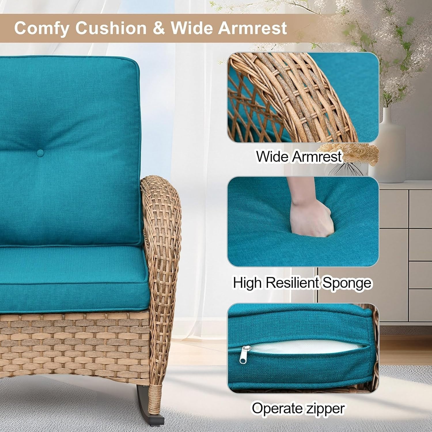 2 Seat Rattan Rocking Bistro Set w/ Table & Turquoise Cushions for Patio
