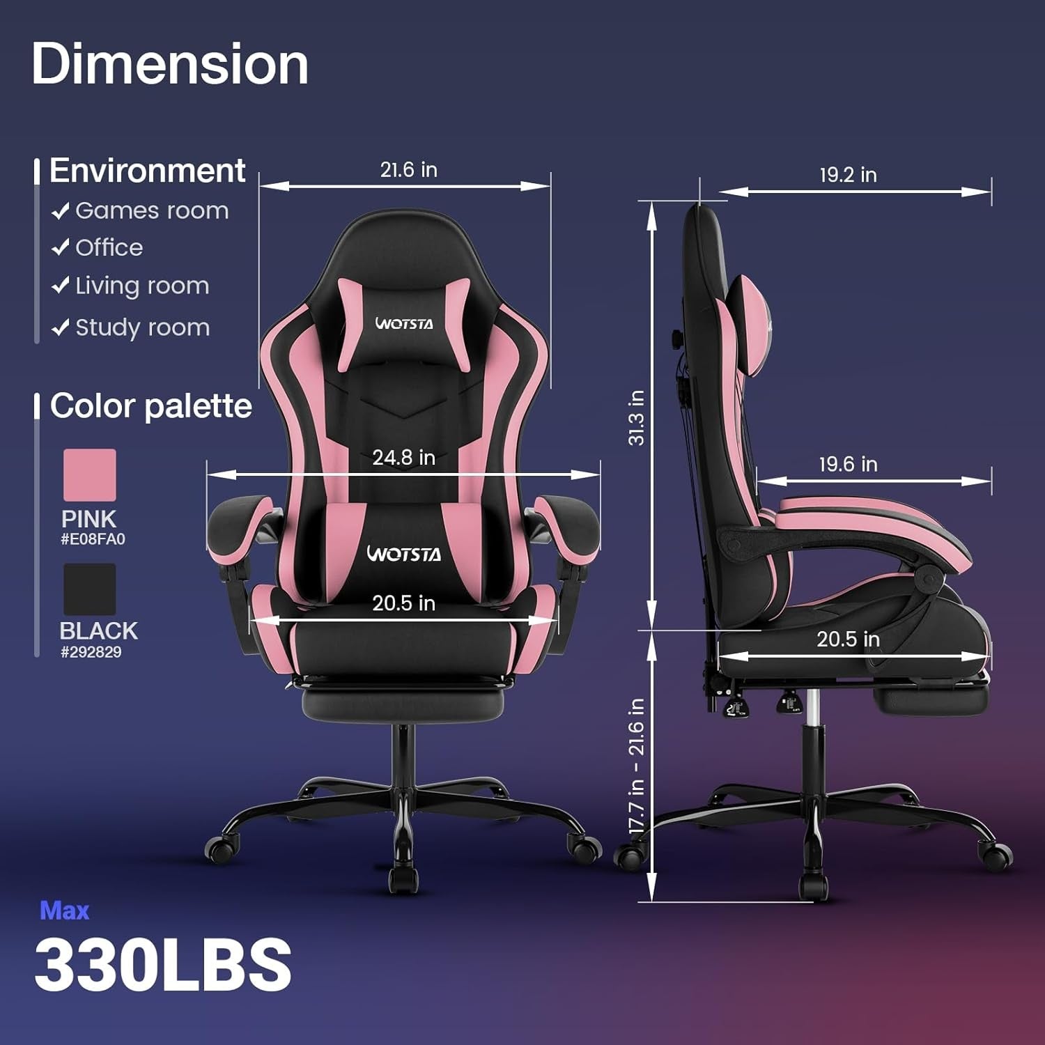 Ergonomic Gaming Chair with Footrest & Lumbar Support – Black Pink PC Seat