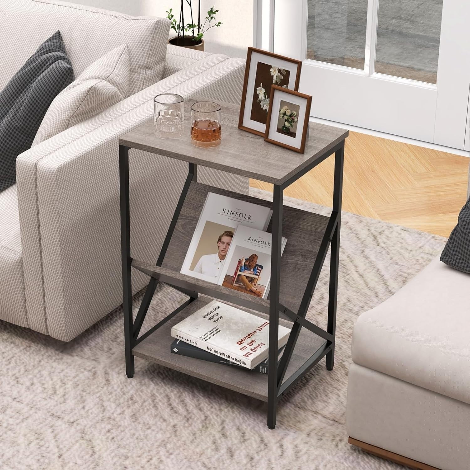 3-Tier Industrial Sofa Side Table with V-Shaped Magazine Holder & Storage