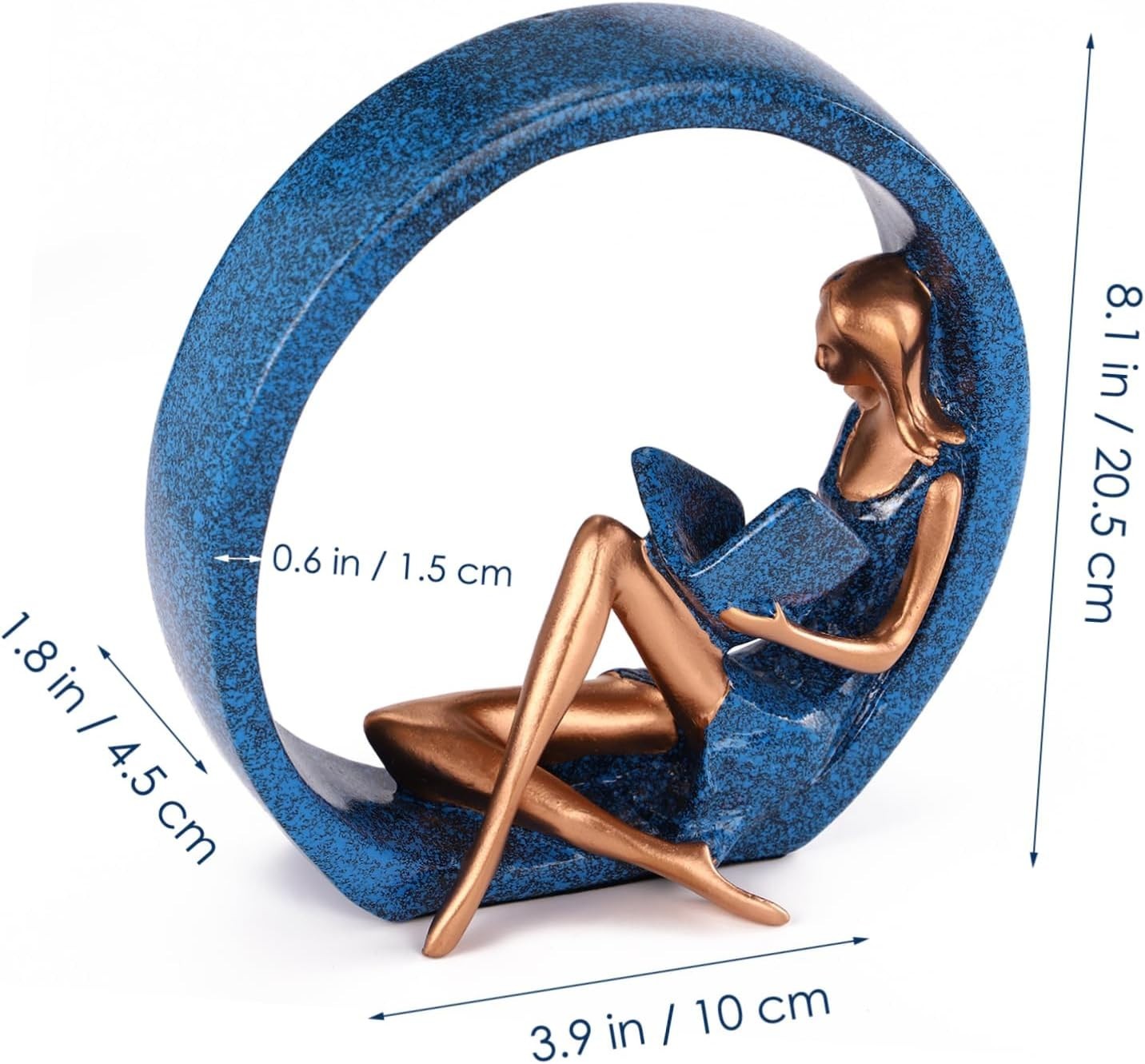 Modern Reading Girl Statue • Blue Resin Ring Sculpture • Elegant