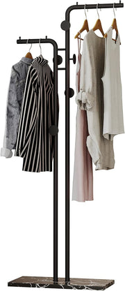 Double Pole Metal Coat Rack Freestanding with Marble Base 5 Hooks Black