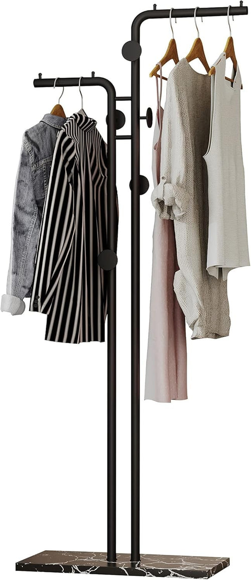 Double Pole Metal Coat Rack Freestanding with Marble Base 5 Hooks Black