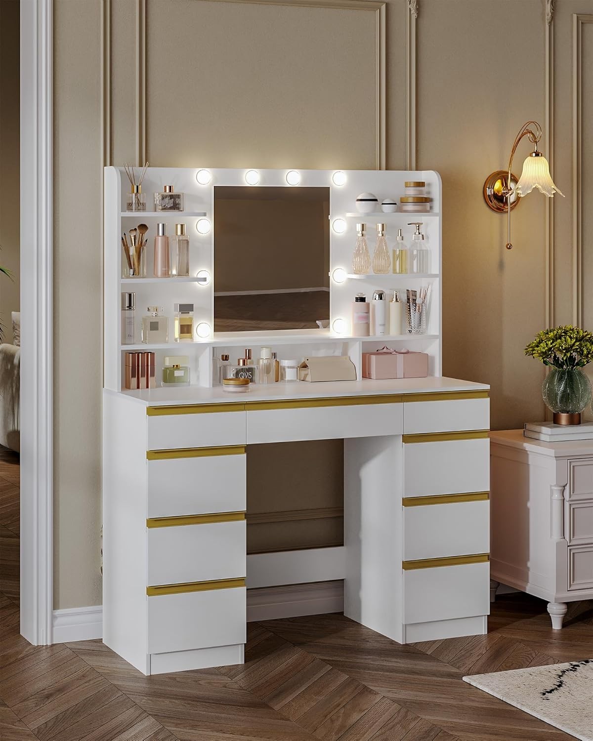 Vanity Makeup Dressing Table Desk w/Large Mirror LED Lights 9 Drawers White-Gold