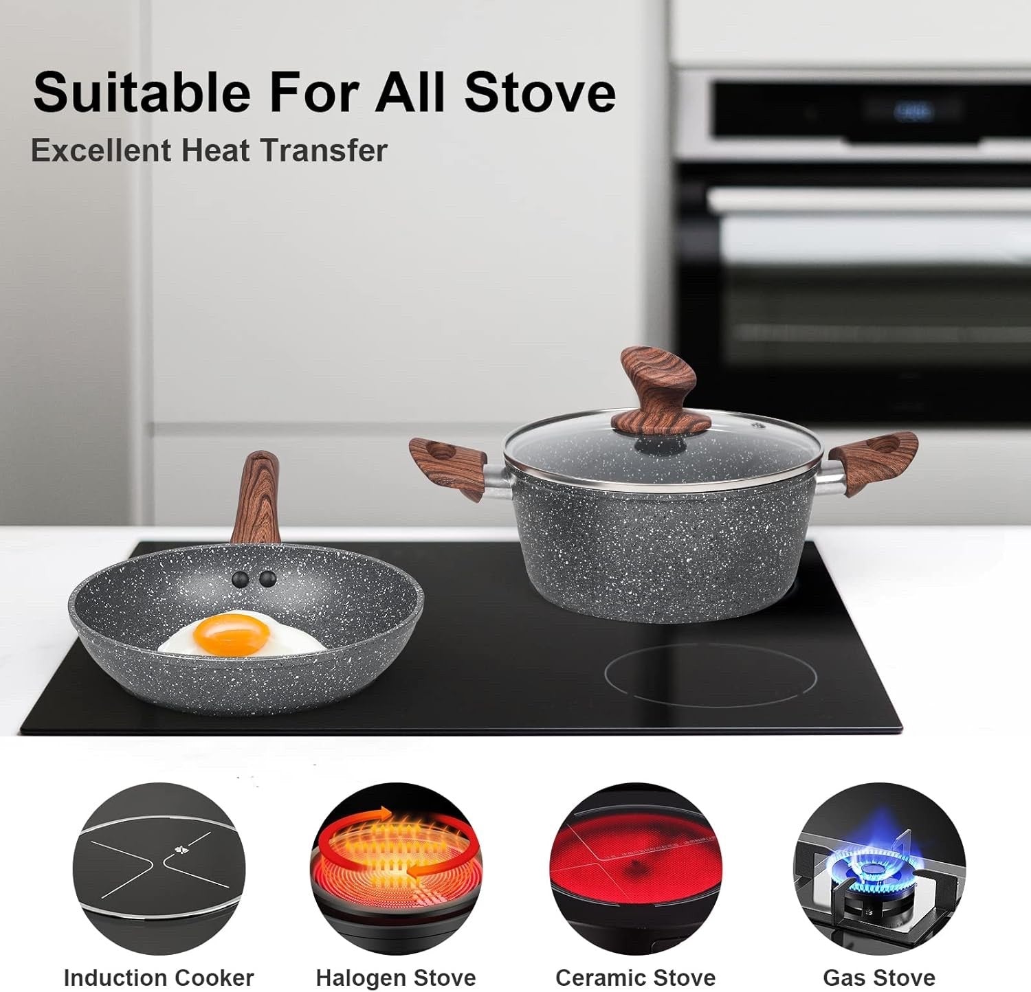 11Pcs Dark Grey Granite Non Stick Induction Cookware Set PFOA Free with Lids