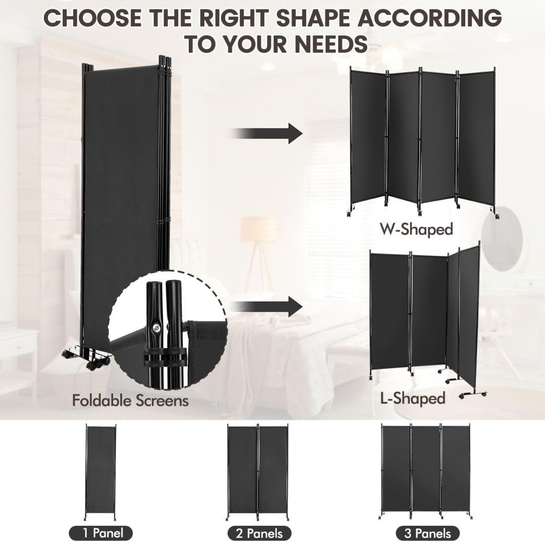 4 Panel Grey Folding Room Divider Privacy Screen on Wheels for Home Office