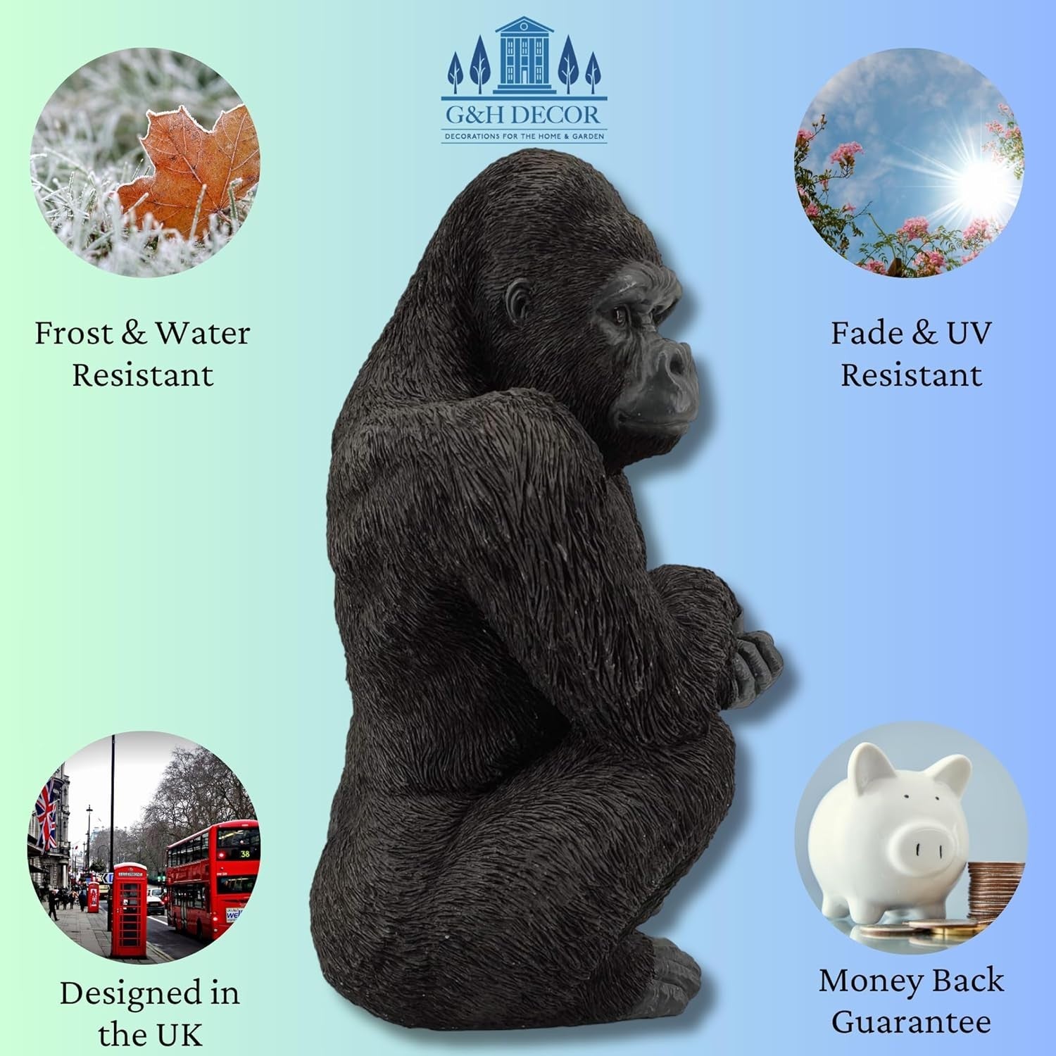 Realistic Gorilla Garden Statue 15" Resin Weather-Resistant Outdoor Ornament