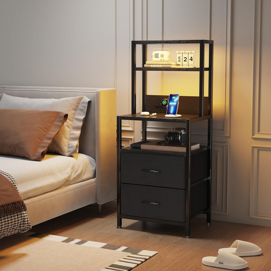 Black Bedside Table with Charging Station & LED Light, Modern Nightstand