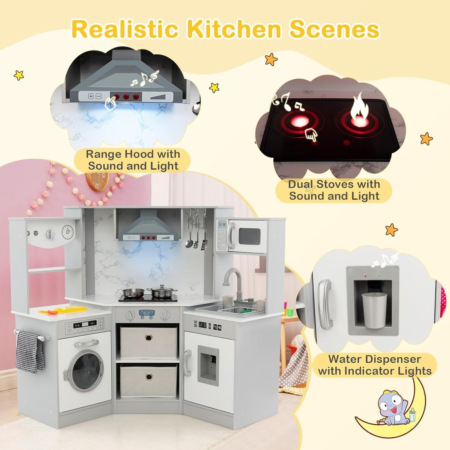 Corner Kids Play Kitchen Gray w/ Lights Sounds Running Water Set