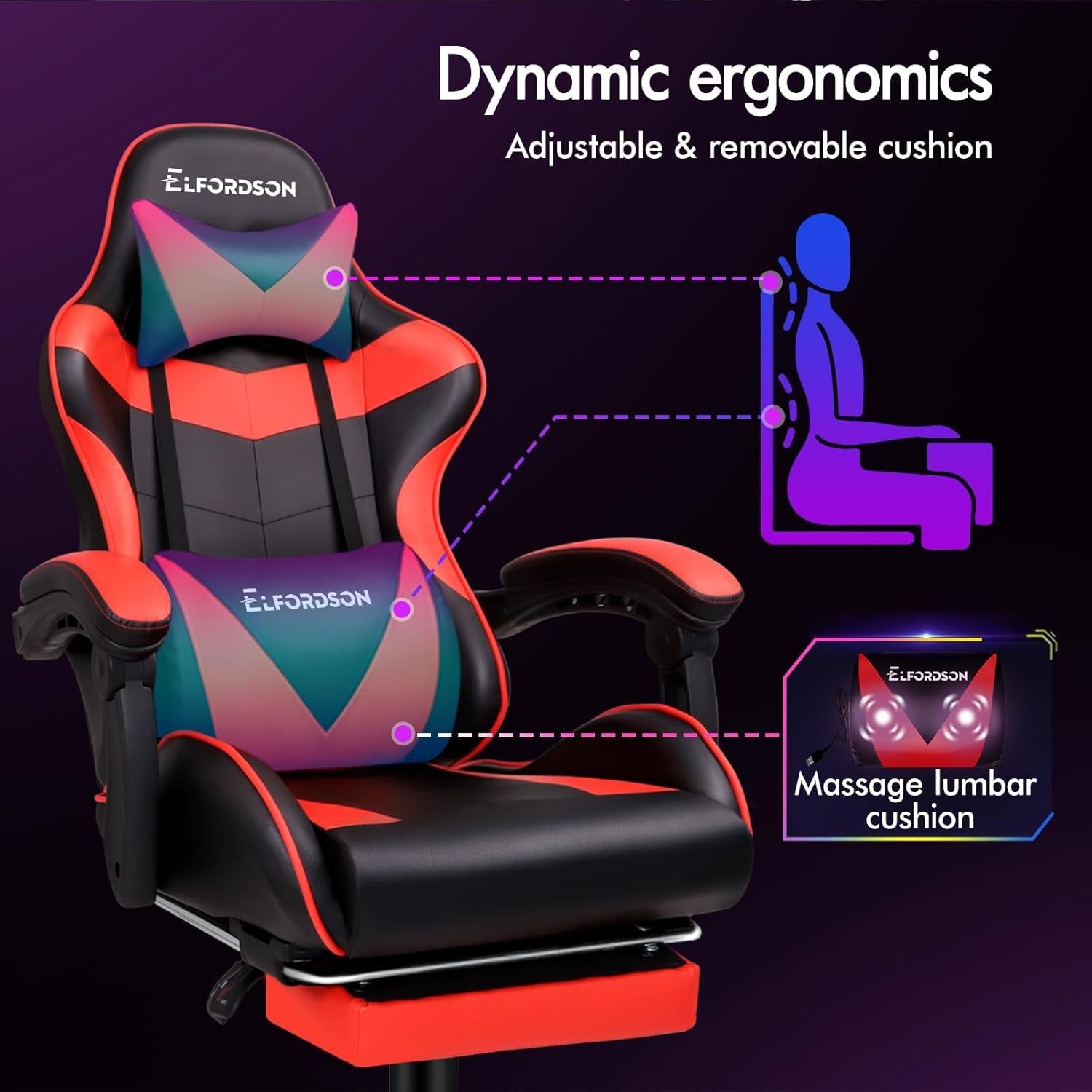 Massage Gaming Chair Recliner w/ Footrest 150° Swivel PU Red