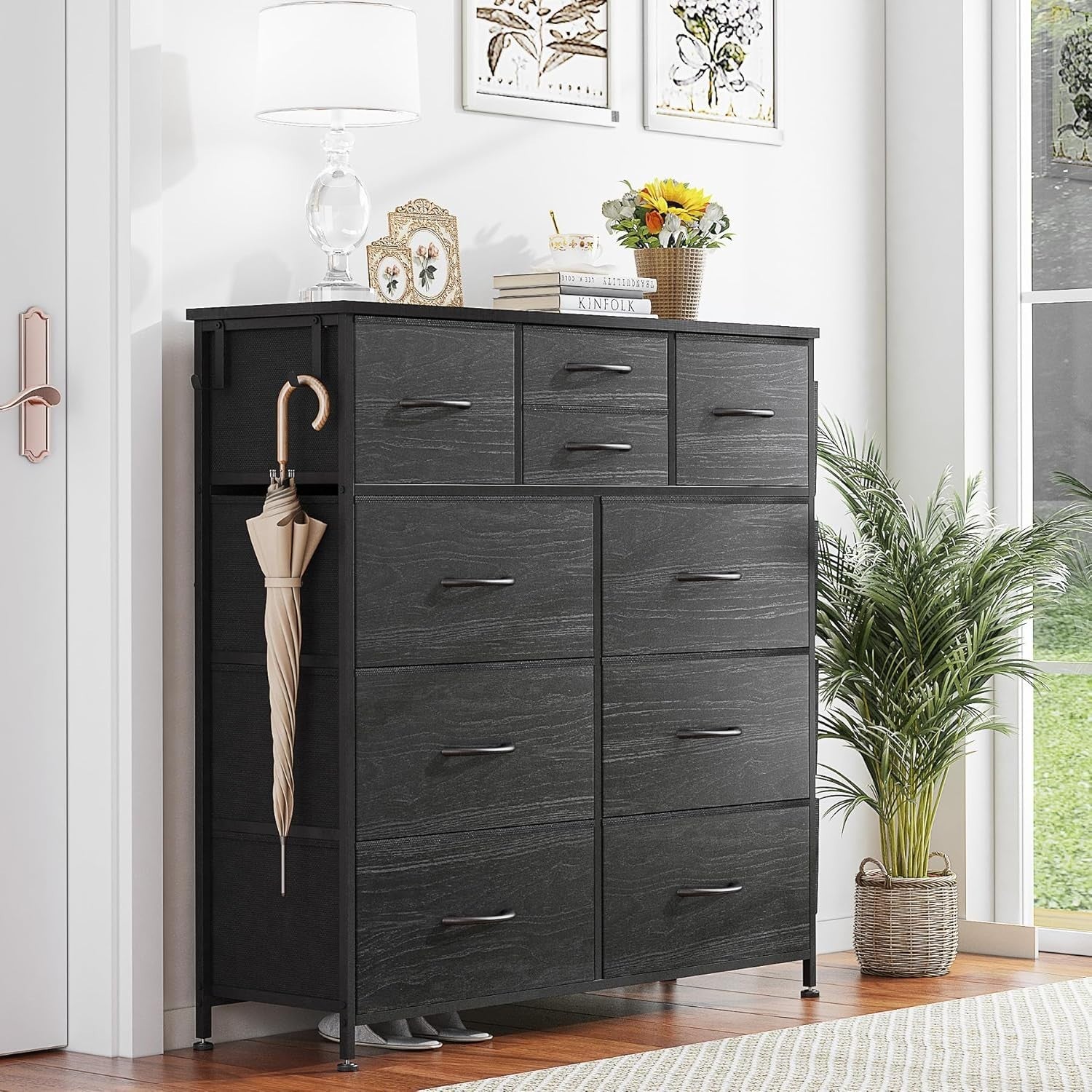 Black Wood Grain 10 Drawer Tall Chest with Fabric Drawers & Side Storage