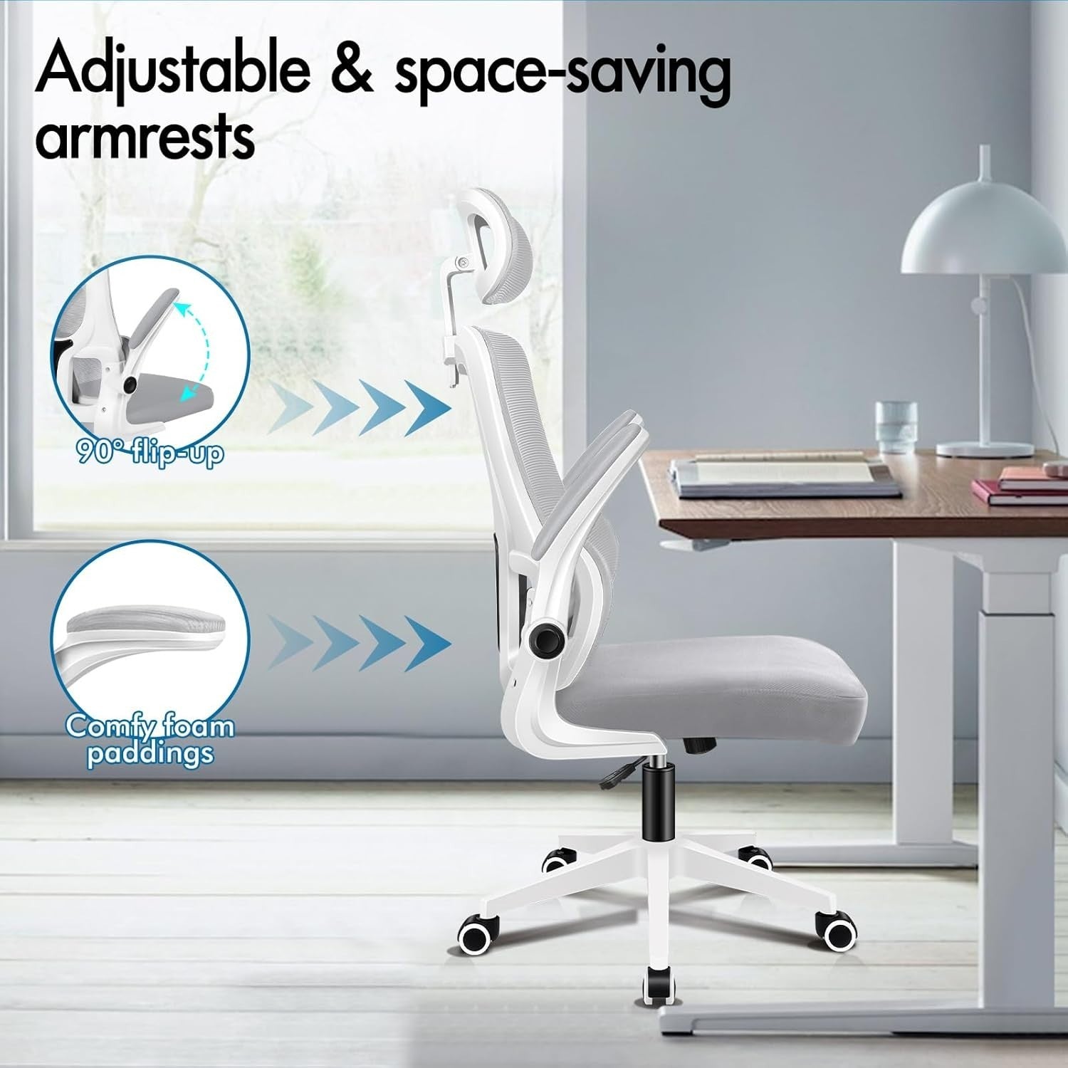 Ergonomic Office Chair Desk Computer Seat Mesh Back Flip-Up Arms Lumbar Grey