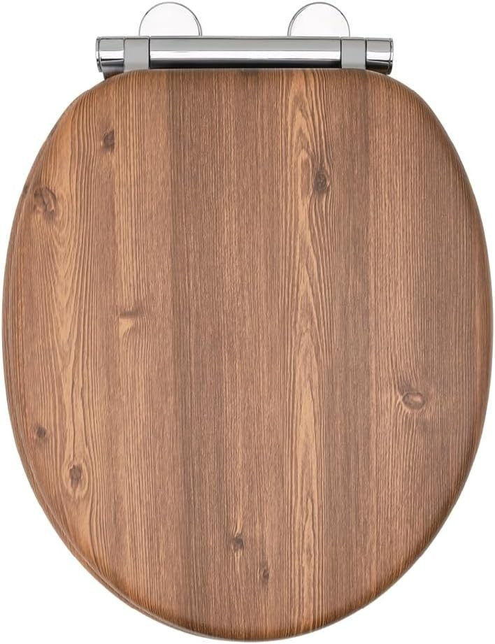 Teak Toilet Seat Soft Close Moulded Wood Lid Stainless Hinges Easy Clean 42x36cm