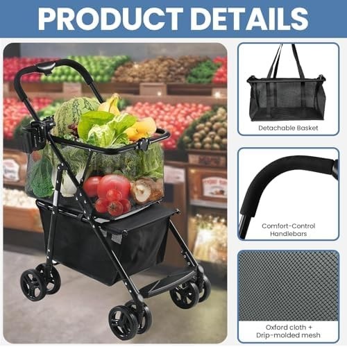 Folding Shopping Cart 80lb Collapsible Two Tier Swivel Wheel Trolley