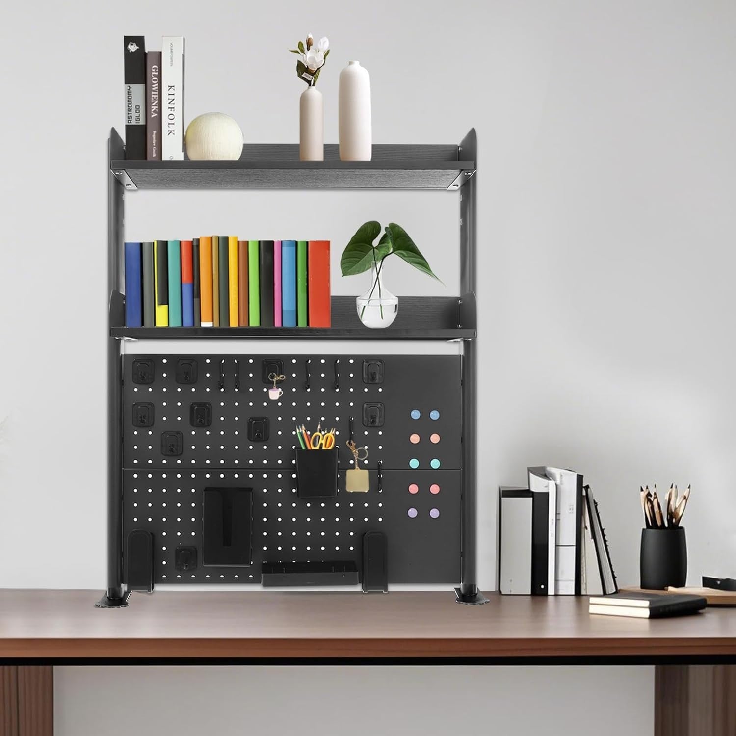 Clamp-On Desk Pegboard 80cm 2-Tier Desktop Organizer Shelf Privacy Panel Black