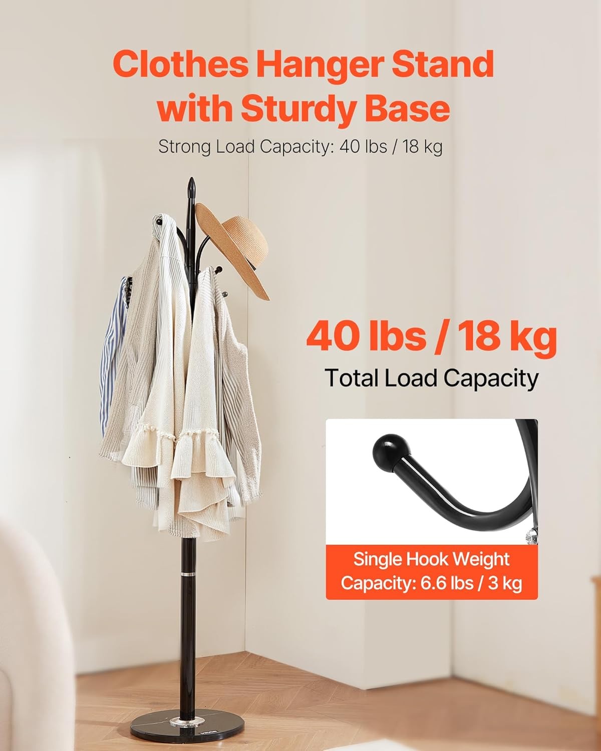Freestanding Coat Rack with Marble Base | 6 Hook Metal Hall Tree Stand