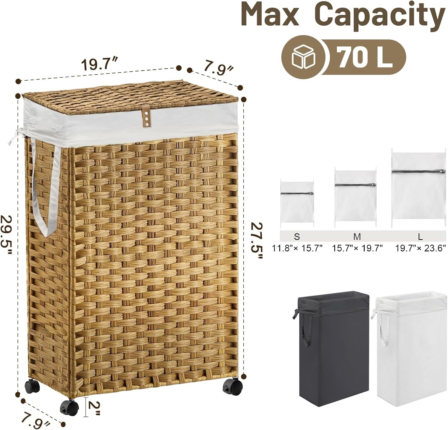 70L Rattan Laundry Hamper with Wheels 2 Removable Bags Slim Bedroom Basket