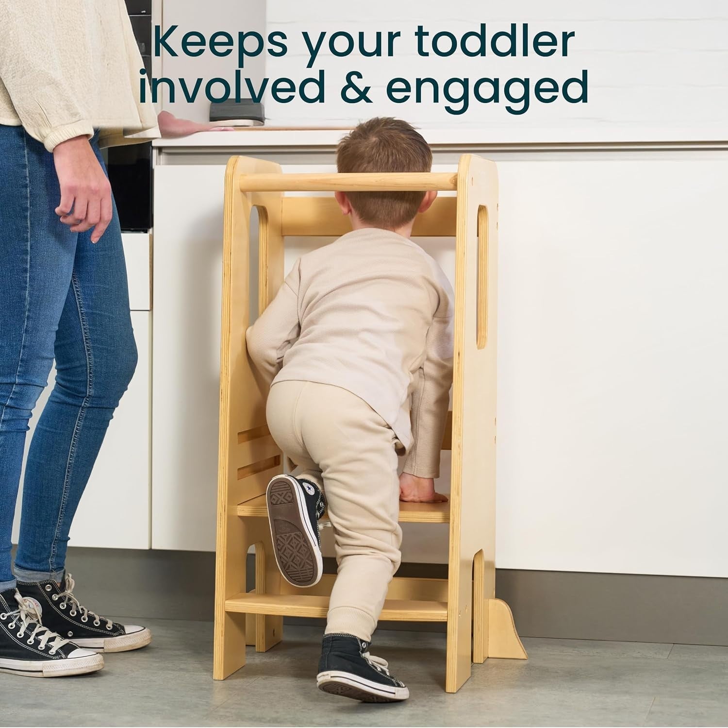 Toddler Learning Tower Stool with 3 Adjustable Heights & Anti-Tip Safety