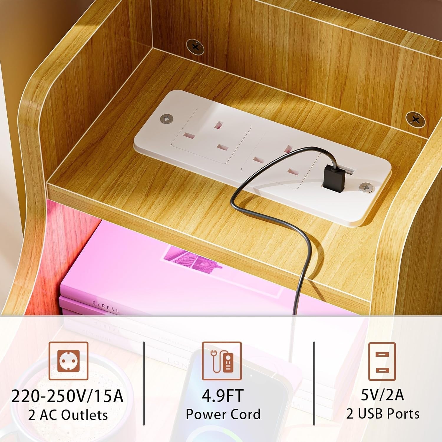 Slim Oak 3 Drawer Bedside Table with RGB LED Lights & Charging Station